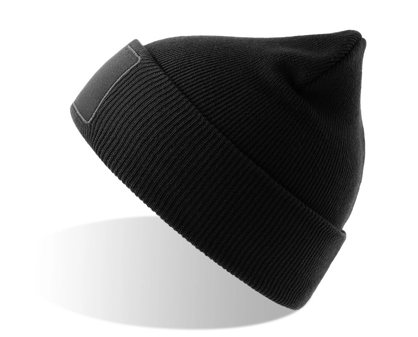 Шапка вязаная  двойная Wind-S, с отворотом и патчем, чёрный, 100% переработанный полиэстер
