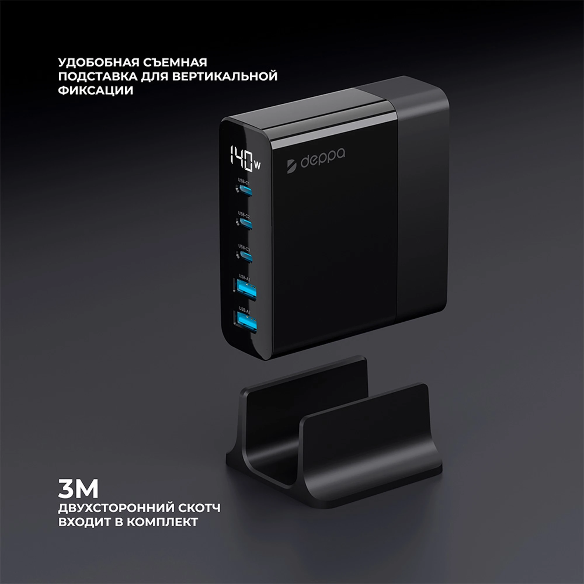 Зарядная станция 3xUSB Type-C, 2xUSB, PD, QC, 140Вт