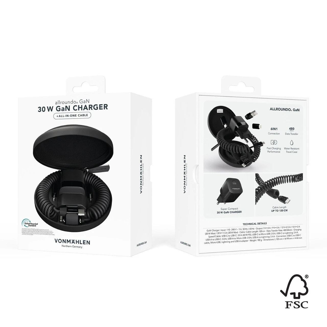 Зарядное устройство VONMAHLEN allroundo® GaN, 30 Вт, 120 см